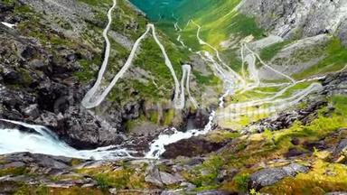 挪威，安达。 汽车沿着蜿蜒的山路行驶。 著名的挪威地标